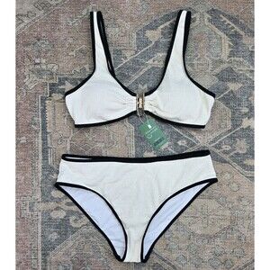 Swimall Ivory Black Bikini Set Gold Clasp High Waist Bralette Size L NWT